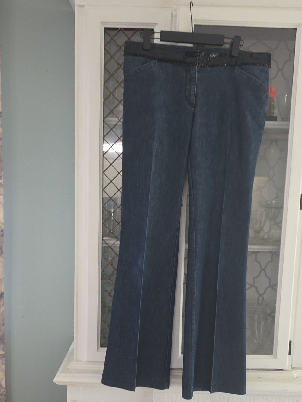 Express Dark Blue Flare Jeans with Sequined Waistband